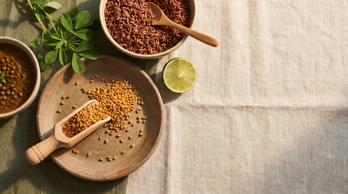 Golden fenugreek seeds on a clay plate with a wooden scoop, beside red rice, lentil curry and a halved lime on linen