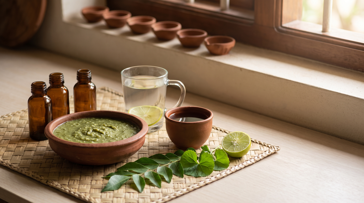 Sri Lankan kitchen counter at dawn with a clay bowl of green herbal porridge, warm lime water, herbal tea, plain amber bottles and unlit clay oil lamps on the windowsill