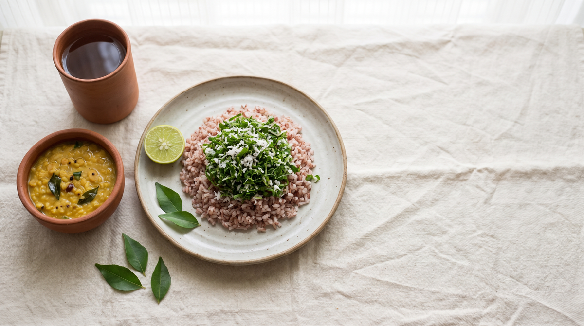 An overhead view of a Sri Lankan lunch plate with red rice topped with shredded green leaf mallung, a clay bowl of dhal, a wedge of lime and a clay cup of water on cream linen.