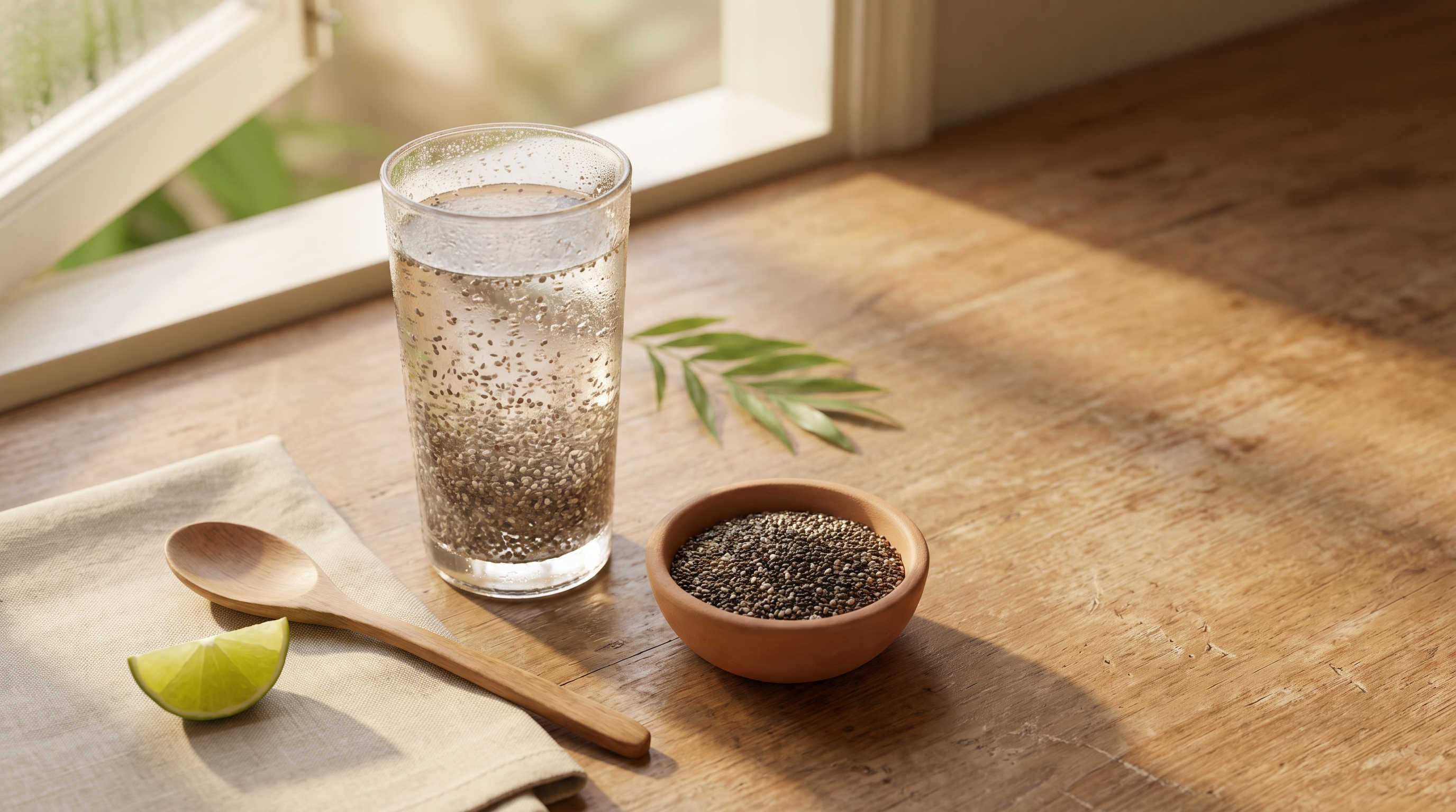 A tall glass of water with soaked chia seeds beside a clay bowl of dry chia, a wooden spoon and a lime wedge on a sunlit wooden counter