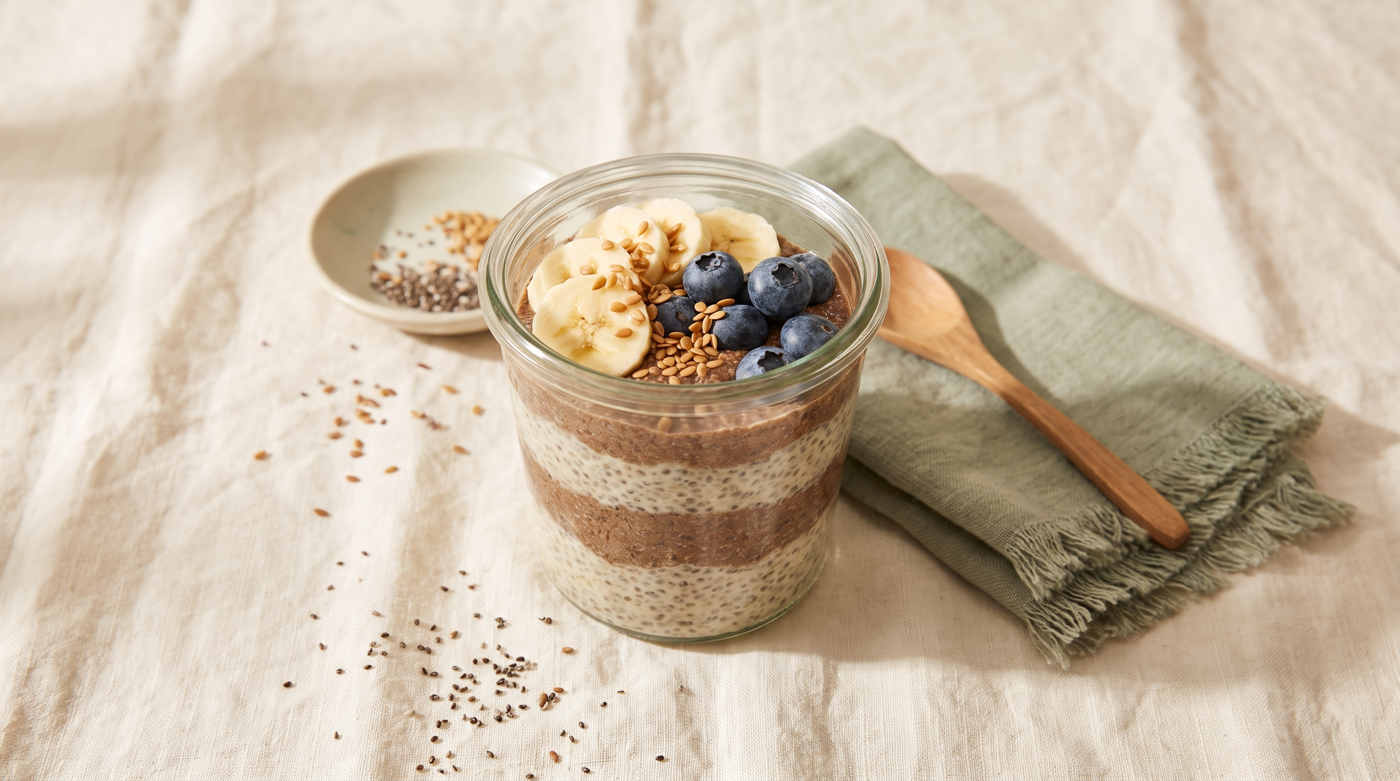 A layered flax and chia overnight bowl in a glass jar topped with banana, blueberries and flax seeds on cream linen