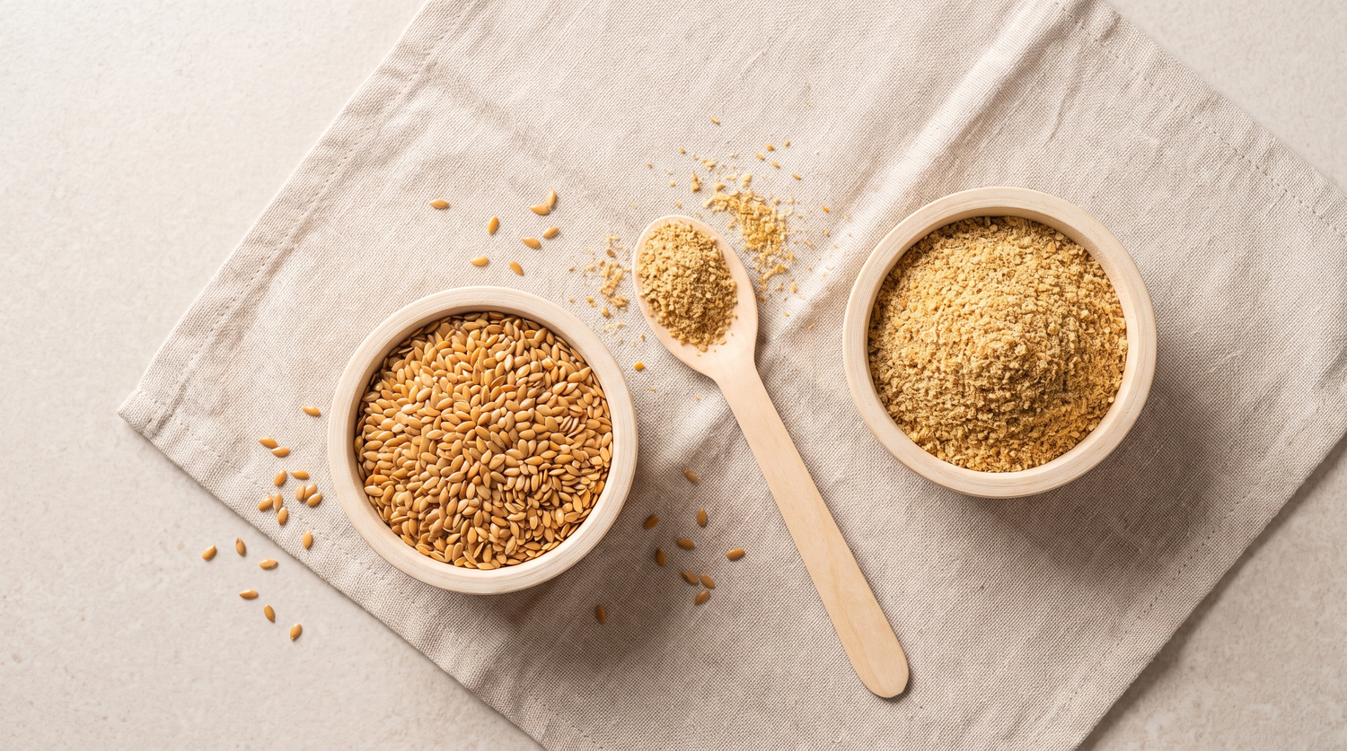 Whole golden flax seeds in a wooden bowl beside ground flax meal, showing the two forms of flaxseed