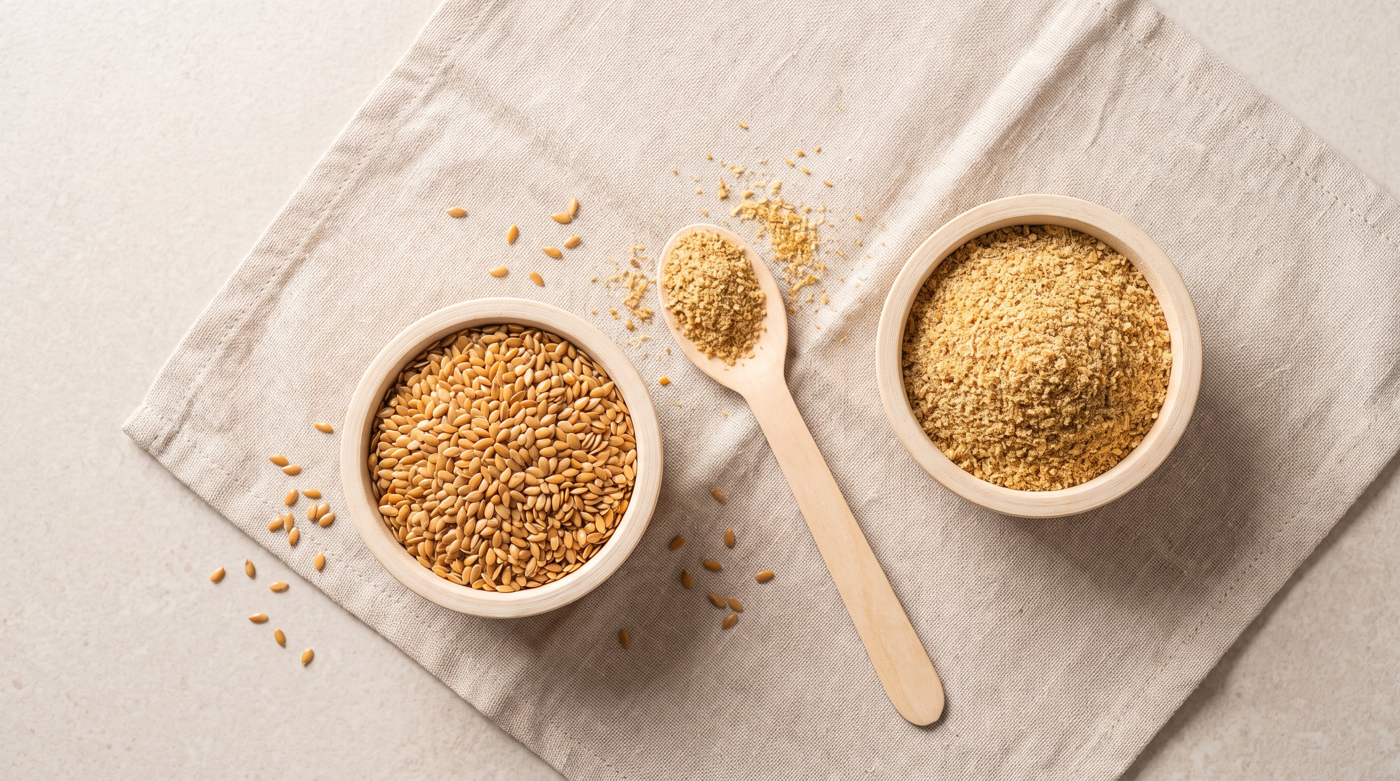 Whole golden flax seeds in a wooden bowl beside ground flax meal, showing the two forms of flaxseed