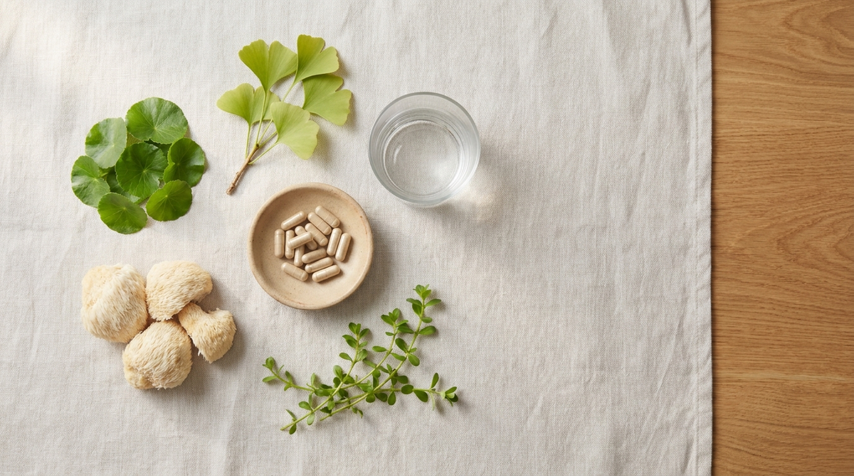 Flat-lay of fresh gotukola leaves, ginkgo leaves, lion's mane mushroom, and brahmi sprigs beside a dish of plain capsules and a glass of water on linen