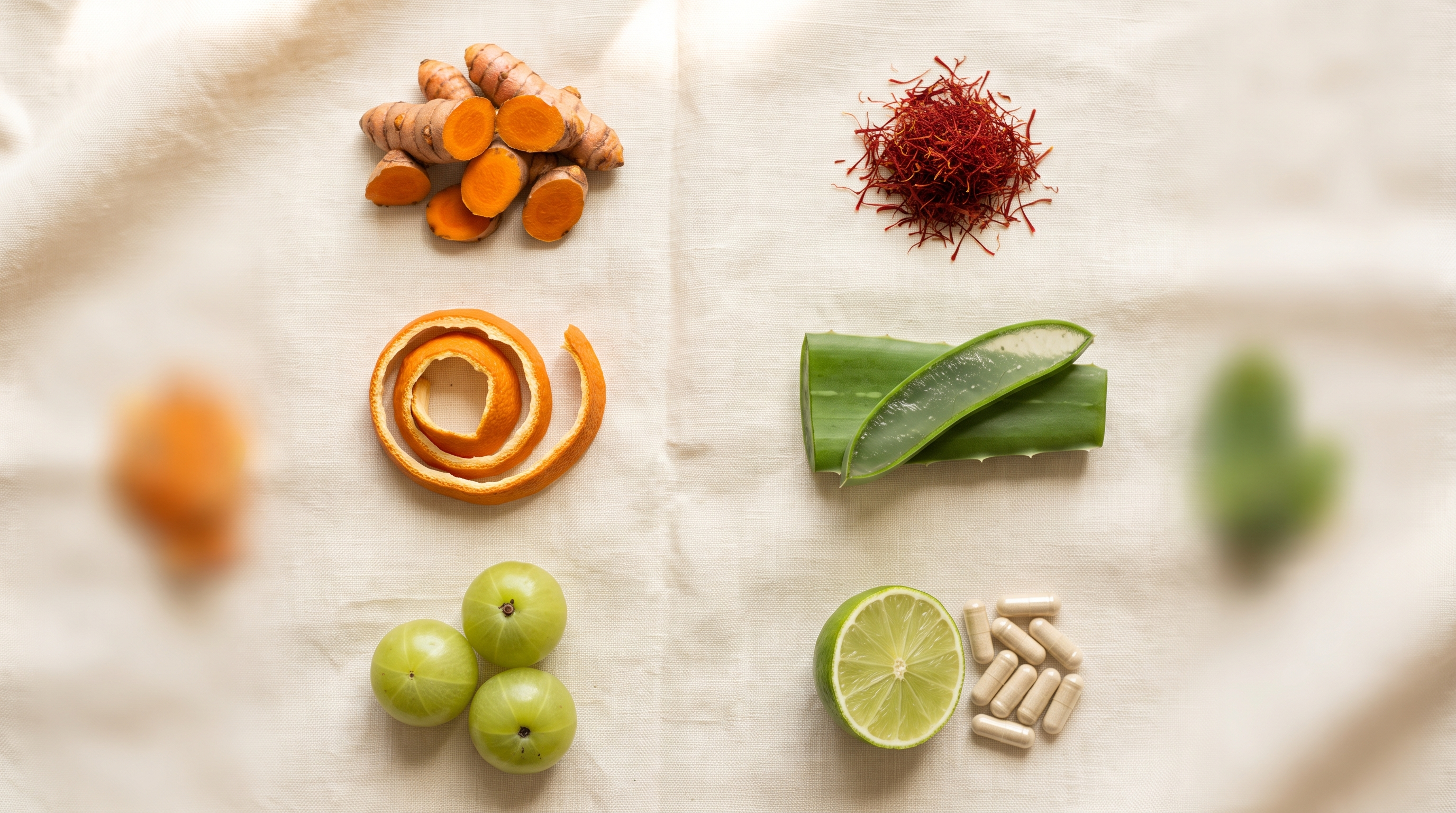 Overhead flat lay of six Fruity Glow ingredients on cream linen: turmeric root, saffron threads, orange peel, aloe vera leaf, amla berries, lime and plain capsules