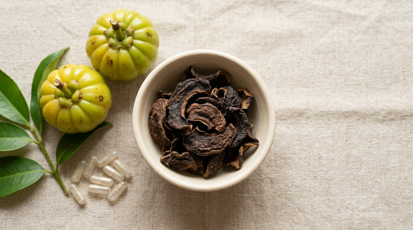 Dried goraka rind and whole Garcinia cambogia fruits in a cream ceramic bowl with plain capsules and fresh green leaves on a linen surface