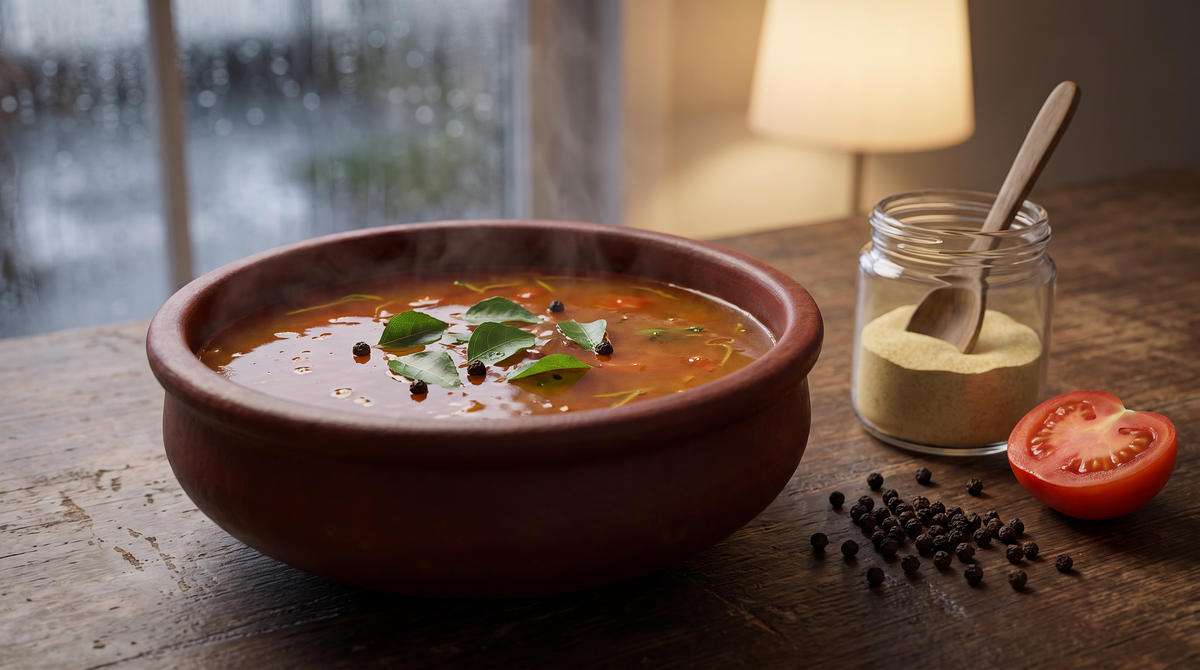 A clay bowl of steaming tomato and tamarind pepper rasam with curry leaves and black peppercorns, beside a plain jar of garlic powder on a wooden table by a rain-streaked window
