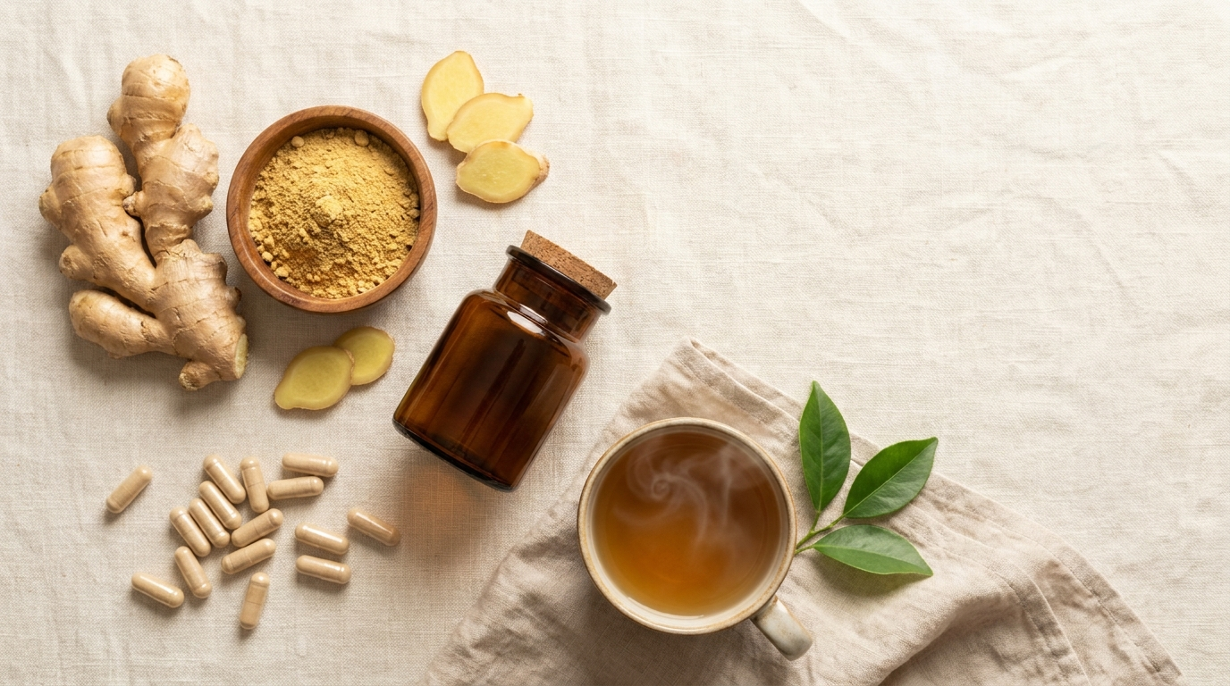 Overhead flat-lay of fresh ginger root, ground ginger powder, ginger slices, plain capsules, and a cup of ginger tea on cream linen