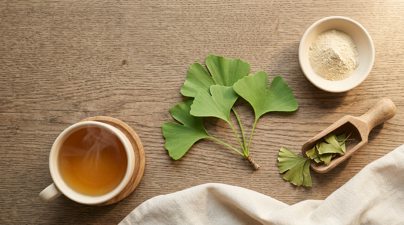 Editorial flat-lay of fresh ginkgo branch with fan-shaped leaves, a teacup of amber herbal tea, a bowl of ginkgo powder, and dried leaves on a raw oak counter