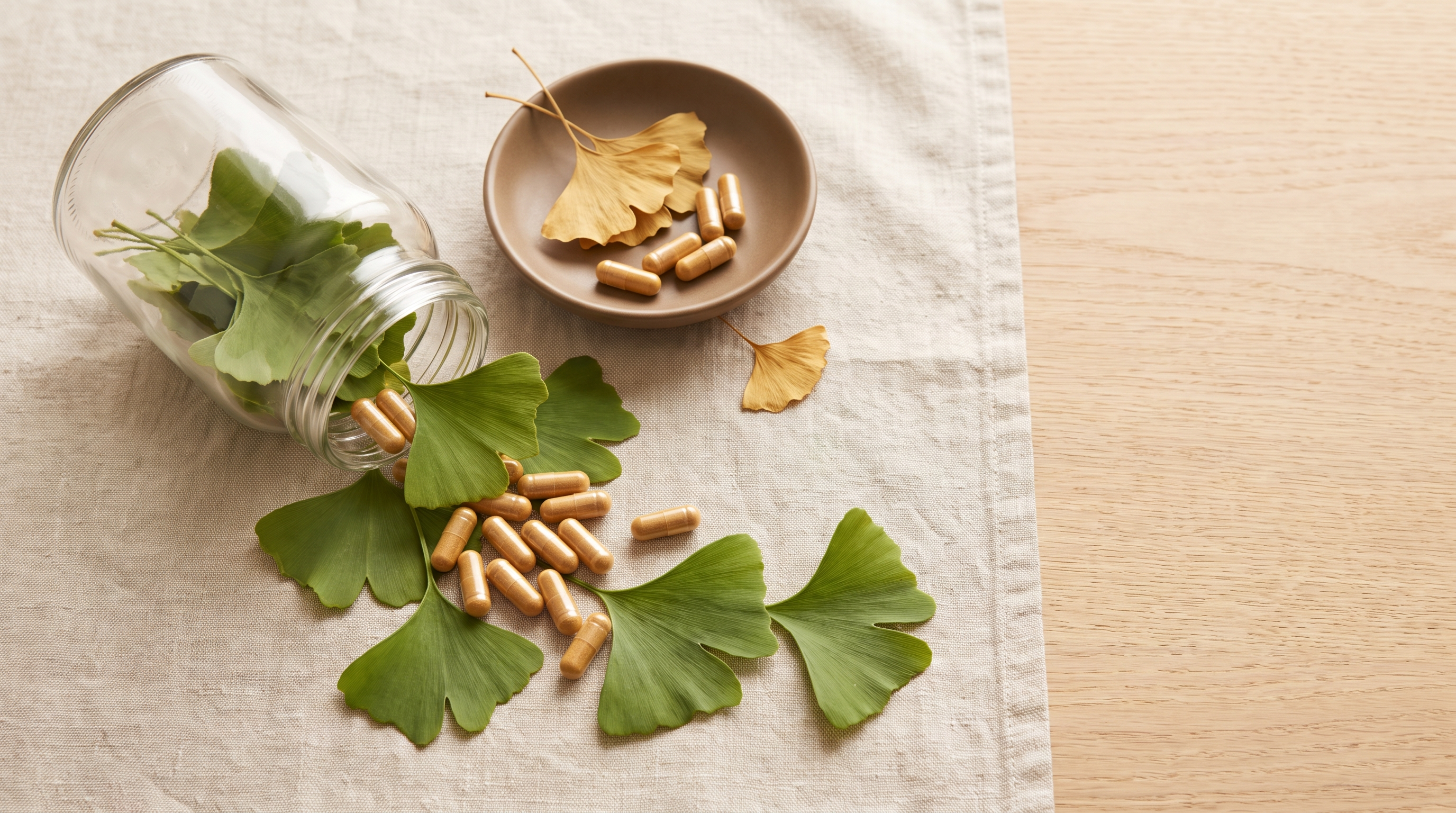 Fresh green fan-shaped ginkgo leaves and plain amber capsules spilling from an unlabelled glass jar onto linen