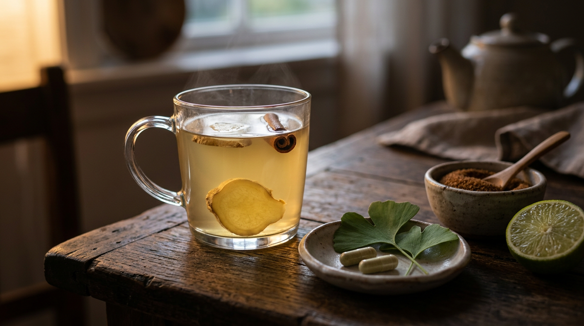 A steaming glass mug of ginger and Ceylon cinnamon evening tonic beside two capsules and fresh ginkgo leaves on a wooden table