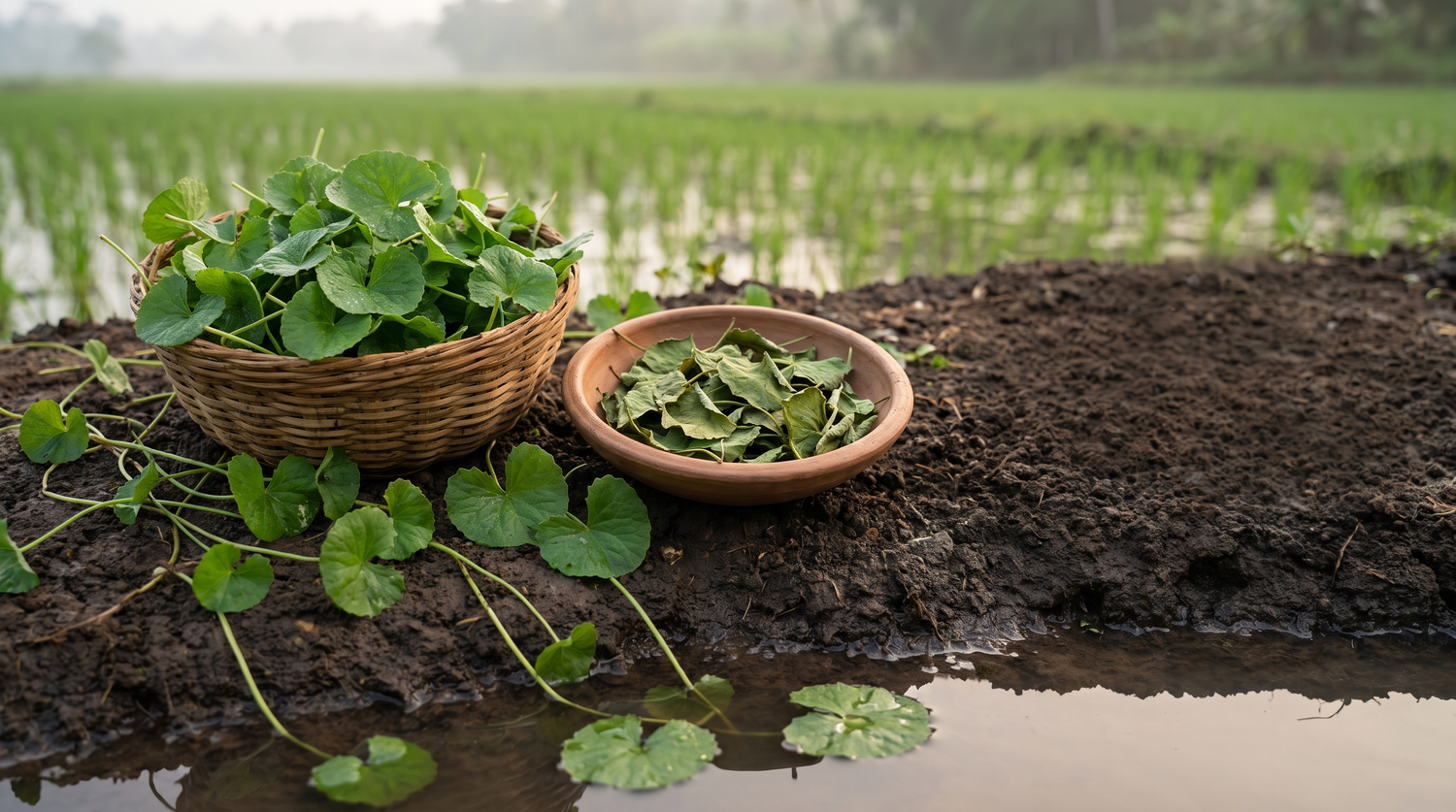 Freshly harvested gotukola leaves in a cane basket and dried leaves in a clay bowl at the muddy edge of a Sri Lankan wet zone paddy field