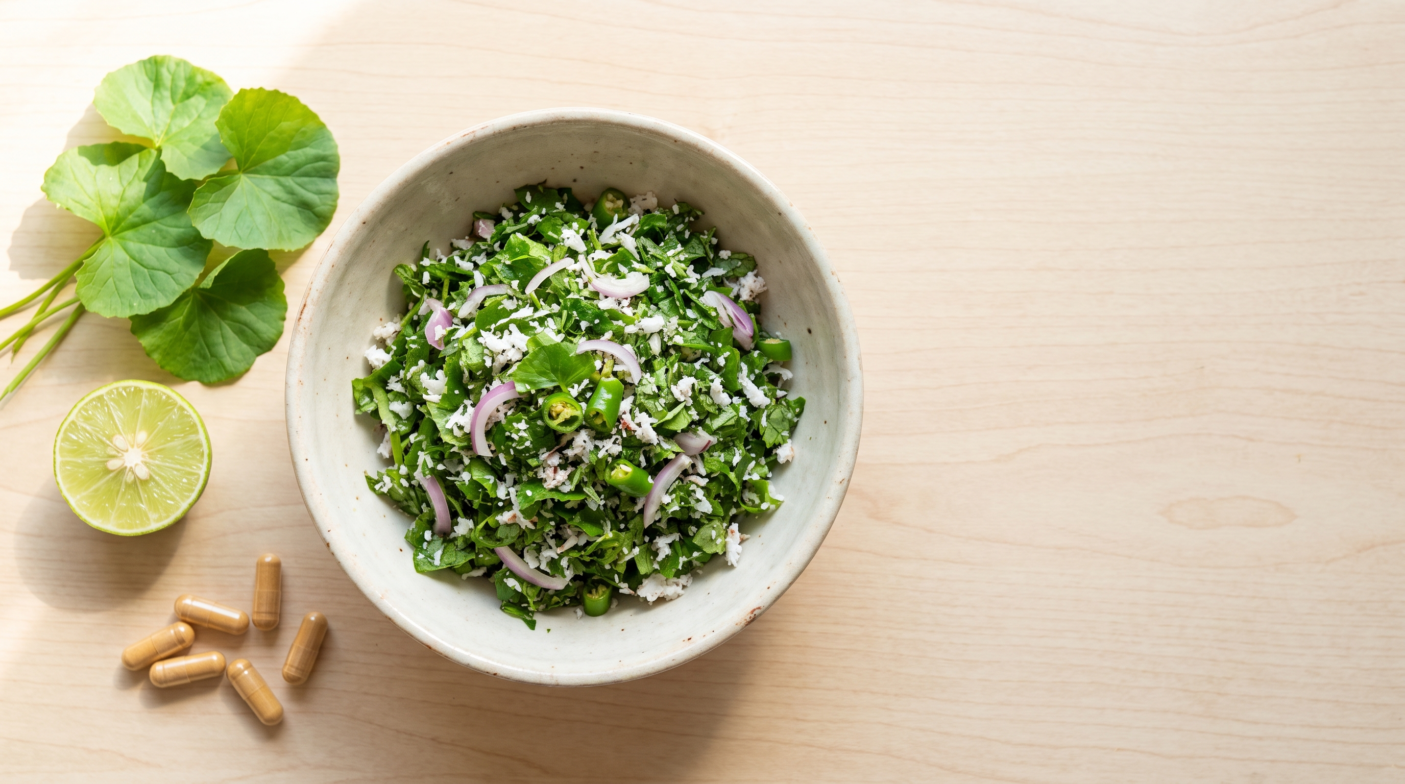 A bowl of finely chopped gotukola leaf sambol with grated coconut, red onion, and green chili, beside fresh gotukola leaves, a halved lime, and plain amber capsules on a light wooden counter.
