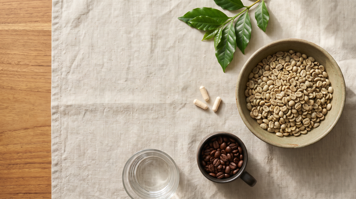 A top-down morning still life of raw pale green coffee beans in a clay bowl, three plain capsules, a small cup of dark roasted beans and a glass of water on a linen cloth