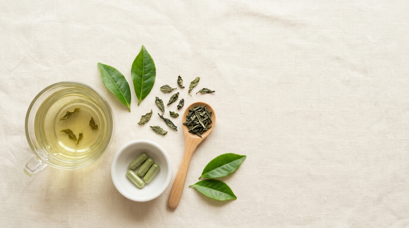 A top-down flat-lay of green tea: a glass cup of brewed green tea, fresh and dried tea leaves, a wooden spoon of loose leaves, and green tea extract capsules in a small ceramic bowl on cream linen.