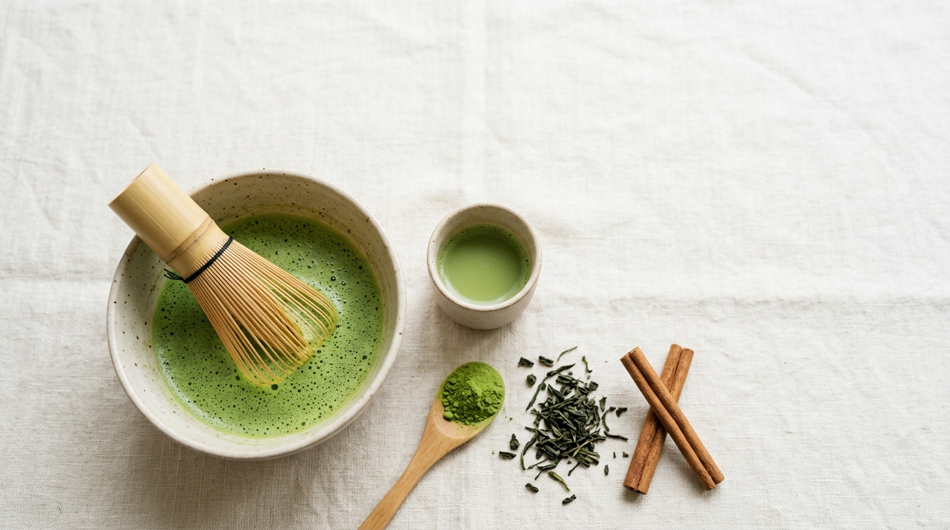 A flat-lay of whisked green matcha in a ceramic bowl with a bamboo whisk, a small cup of matcha, a wooden spoon of matcha powder, loose green tea leaves, and two Ceylon cinnamon sticks on cream linen.