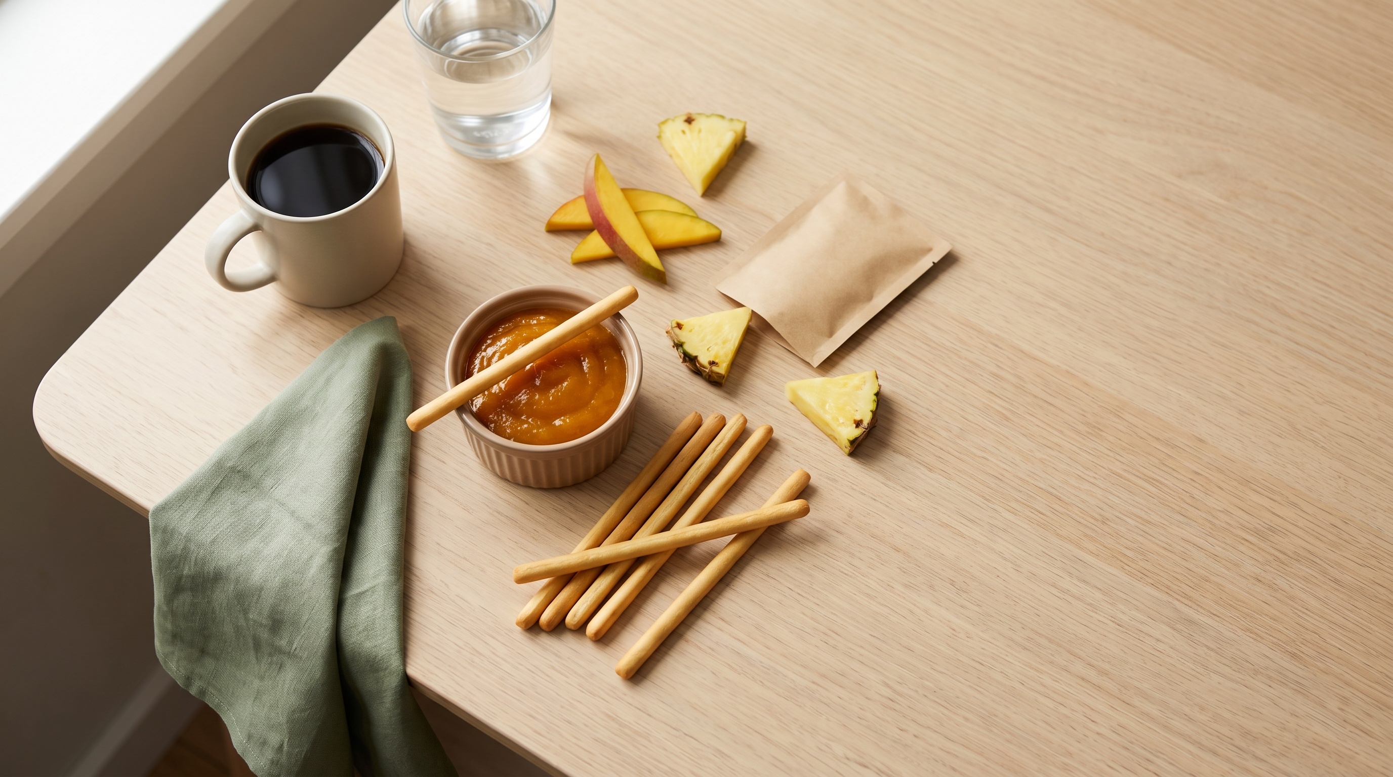 Golden breadsticks beside a small bowl of tropical fruit dip with fresh mango and pineapple pieces on a pale oak desk