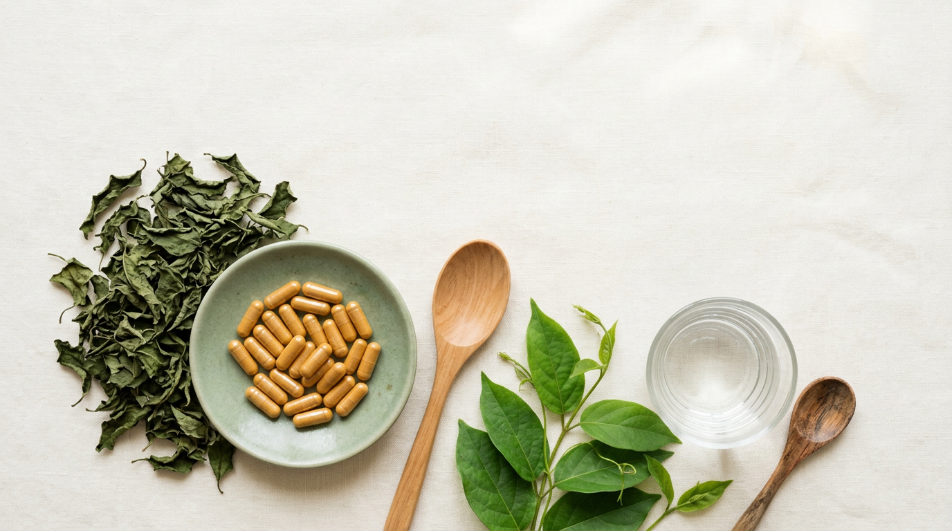Overhead flat-lay of dried Gymnema sylvestre Gurmar leaves, a sage dish of amber capsules, fresh green vine leaves, a glass of water and wooden spoons on cream linen