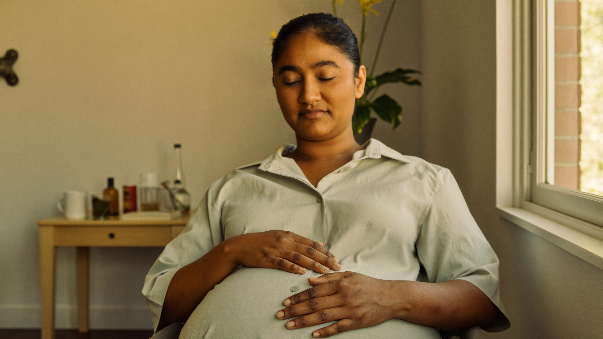 A calm South Asian woman sitting by a window with her hands resting on her stomach and eyes closed, illustrating the gut-mood connection