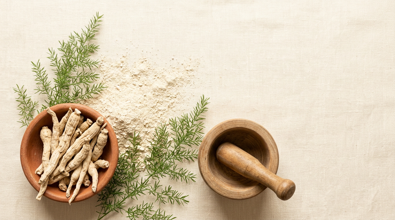 Pale dried Shatavari roots in a plain clay bowl beside cream herbal powder, feathery green foliage, and a wooden mortar and pestle on a cream linen surface.