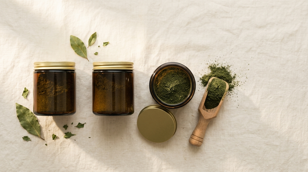 Three plain amber glass jars of Heenbovitiya powder with dried leaves and a wooden scoop of green powder on a linen surface