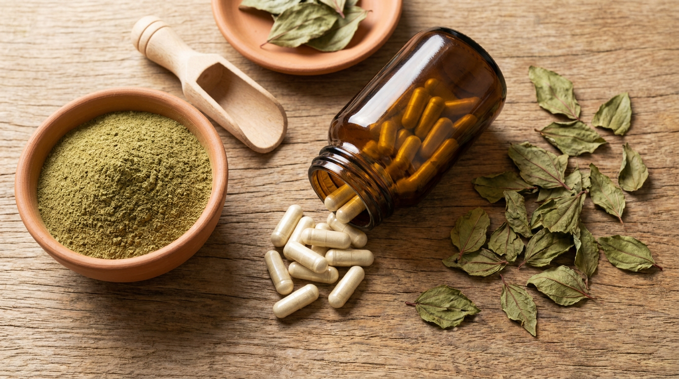 An overhead flat-lay of an unmarked amber glass capsule bottle spilling cream Heenbovitiya capsules onto a weathered oak counter, alongside dried Heenbovitiya leaves and a terracotta bowl of finely milled green Heenbovitiya powder.