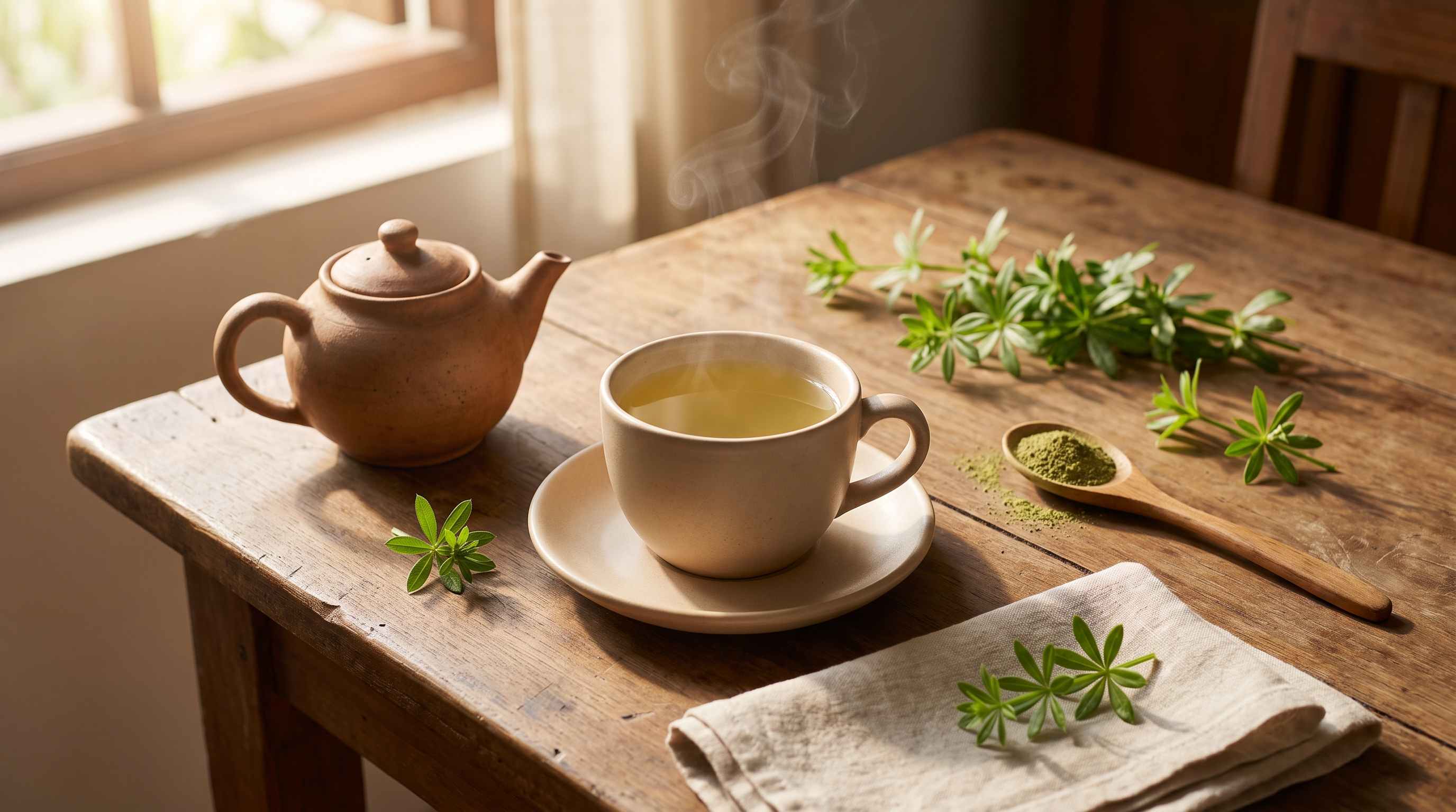 A steaming cup of pale golden Heenbovitiya herbal tea beside a clay teapot, fresh green sprigs, and a wooden spoon of green herbal powder on a wooden table in morning light