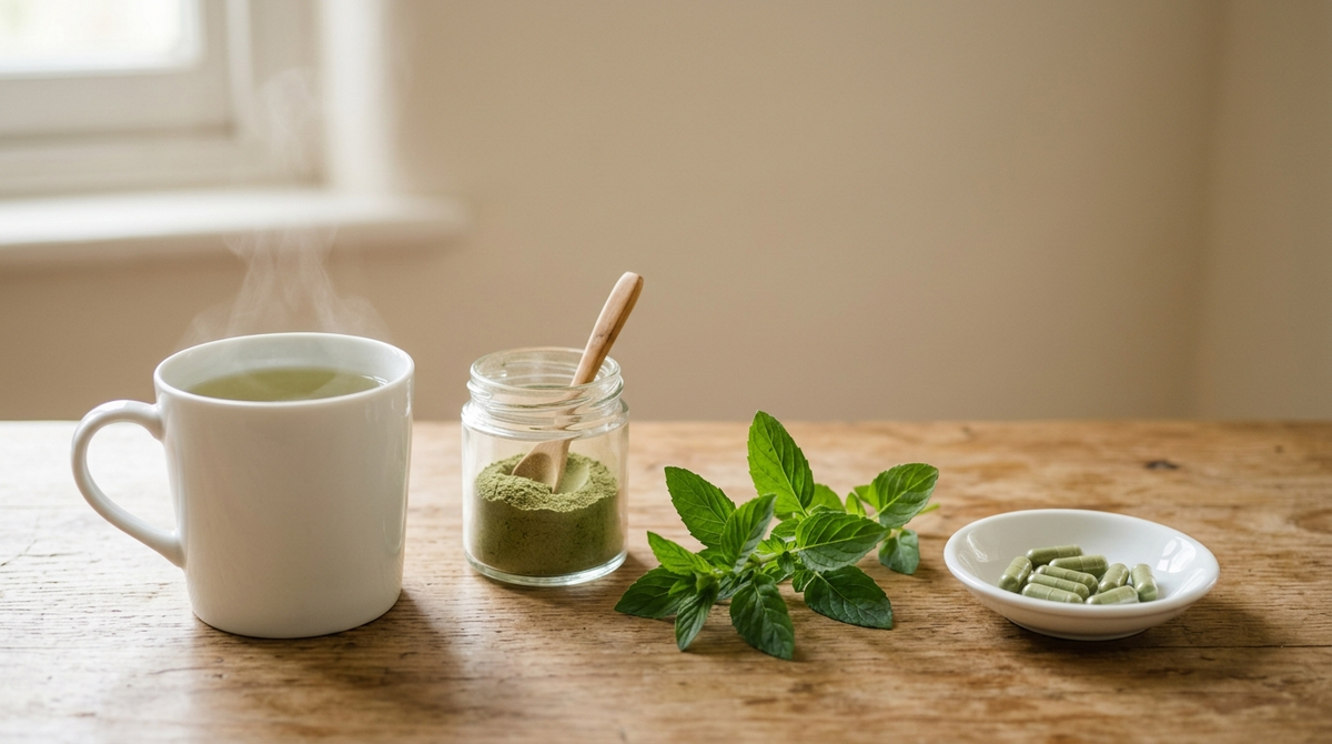 A steaming cup of herbal tea, a small glass jar of green Heenbovitiya powder with a wooden spoon, fresh leaves, and a dish of green capsules on a wooden table