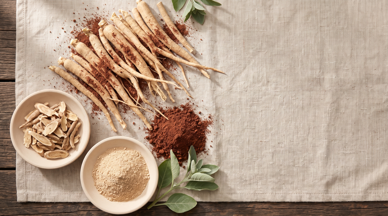 Fresh ashwagandha roots, dried root slices and root powder laid out on linen beside red-brown farm soil