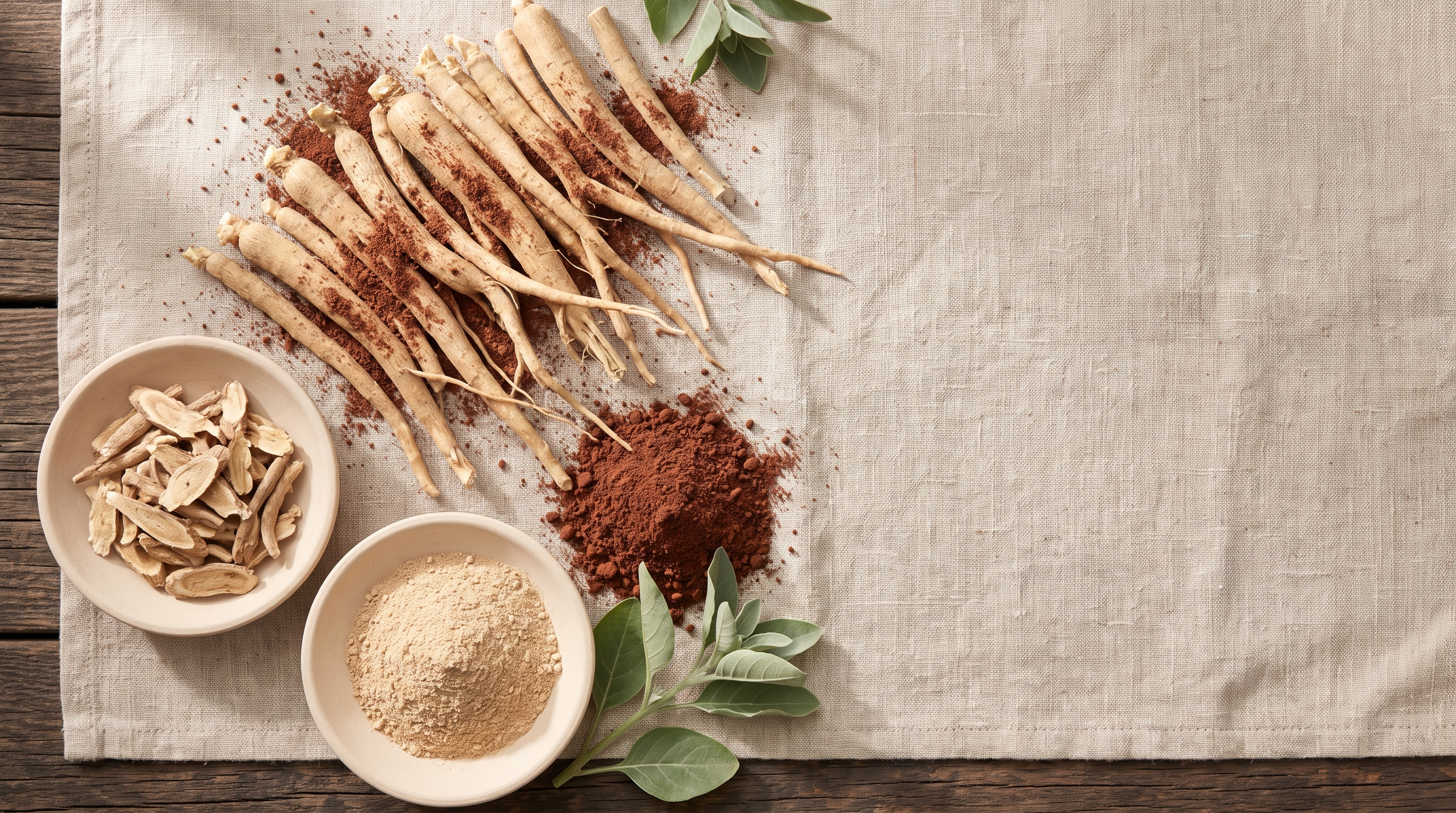 Fresh ashwagandha roots, dried root slices and root powder laid out on linen beside red-brown farm soil