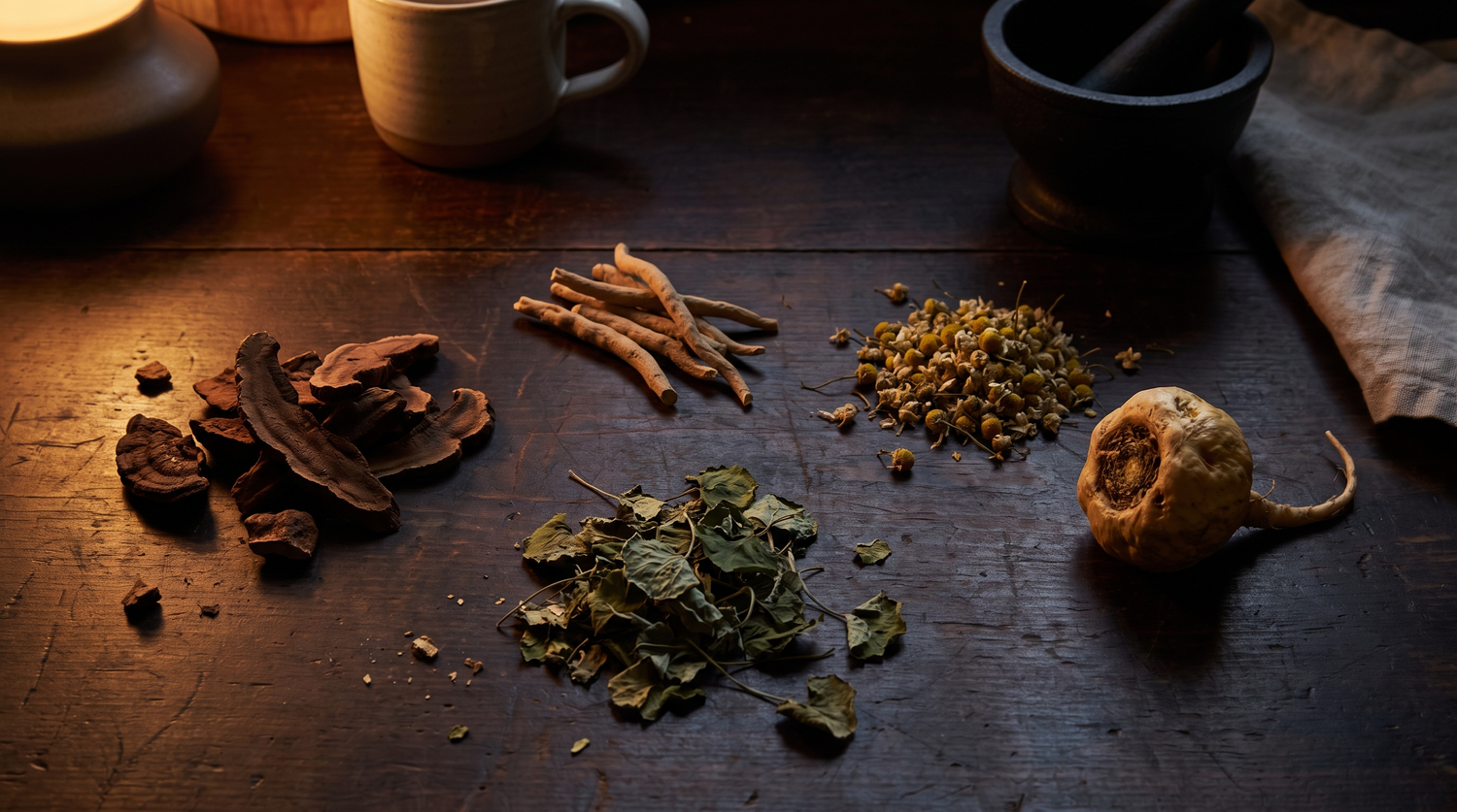 Flat lay of five night shift wellness herbs on dark wood: reishi slices, ashwagandha roots, dried chamomile flowers, gotukola leaves, and a maca root, lamp lit