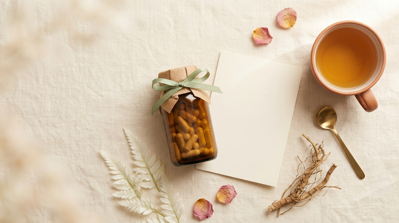 A flat-lay Mother's Day wellness gift on cream linen: an unlabeled amber glass bottle of capsules tied with a sage green ribbon, a blank cream notecard, a ceramic teacup of herbal tea, and dried Hathawariya root.