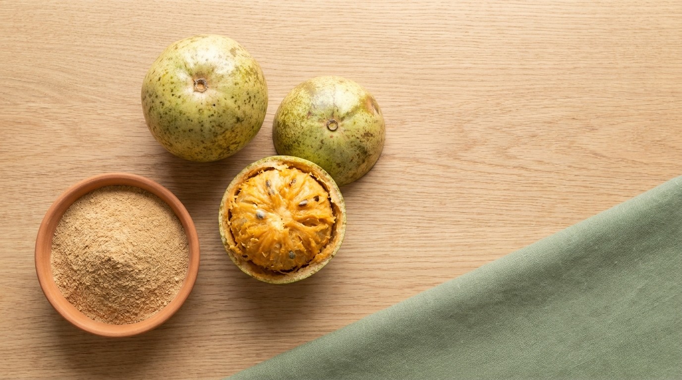 Overhead flat-lay of Sri Lankan Beli fruit: two whole greenish-yellow wood apples beside a halved fruit showing the orange-yellow pulp and seeds, with a small terracotta bowl of milled Beli fruit powder on a plain oak counter.