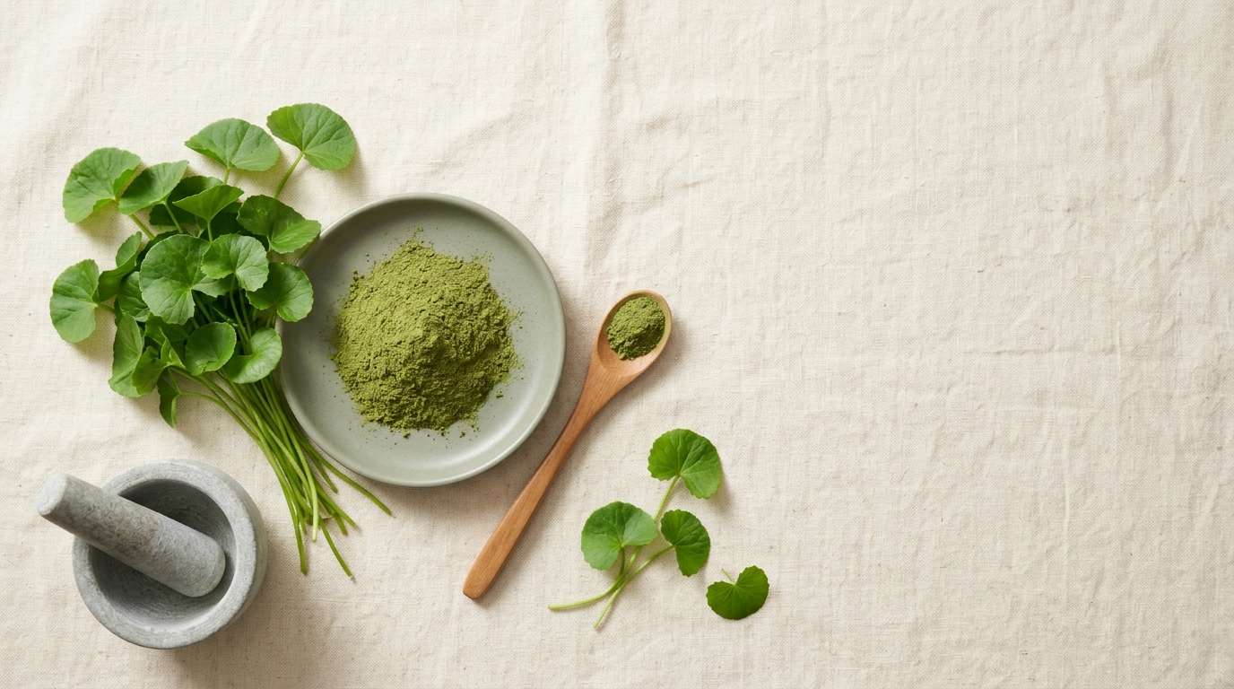 Overhead flat-lay of fresh gotukola leaves with a dish of green gotukola extract powder, a wooden spoon, and a stone mortar and pestle on cream linen