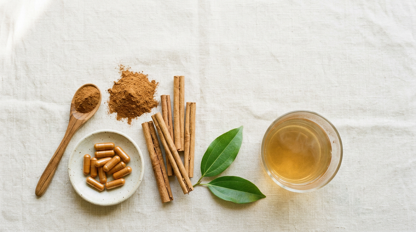 Overhead flat-lay of Ceylon cinnamon: rolled true-cinnamon quills, a wooden spoon of cinnamon powder, plain amber capsules in a dish, and a glass of pale tea on cream linen