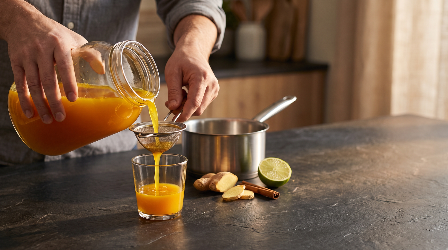 Golden homemade turmeric and ginger immunity tonic being strained from a glass jar into a small glass on a dark kitchen counter, with fresh ginger, cinnamon bark and a halved lime beside it