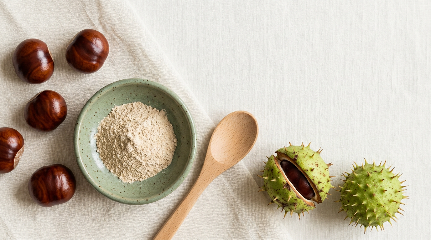 An overhead flat-lay of glossy brown horse chestnut seeds, a sage ceramic dish of beige extract powder, a wooden spoon, and spiky green horse chestnut husks on cream linen.