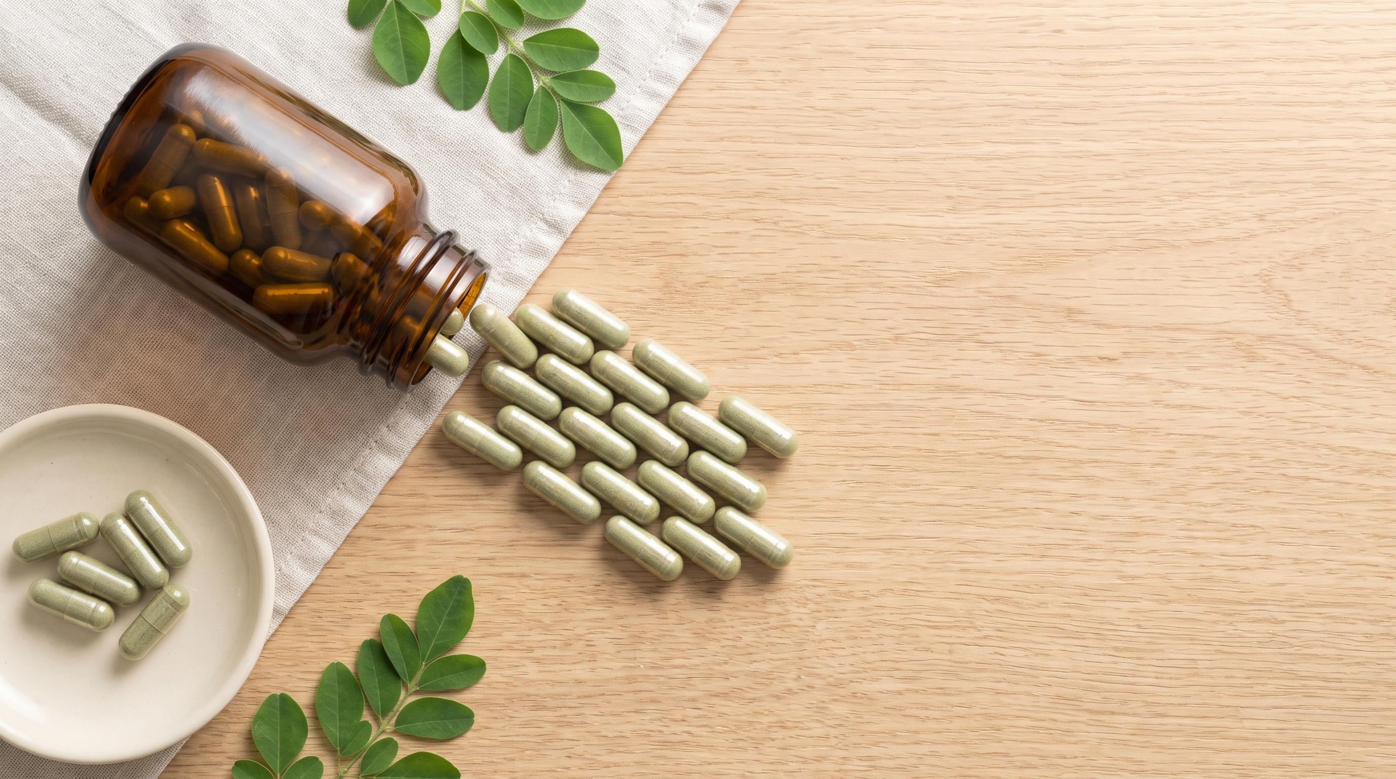 An open amber glass supplement bottle on linen with green capsules laid out in neat counted rows beside fresh moringa leaves