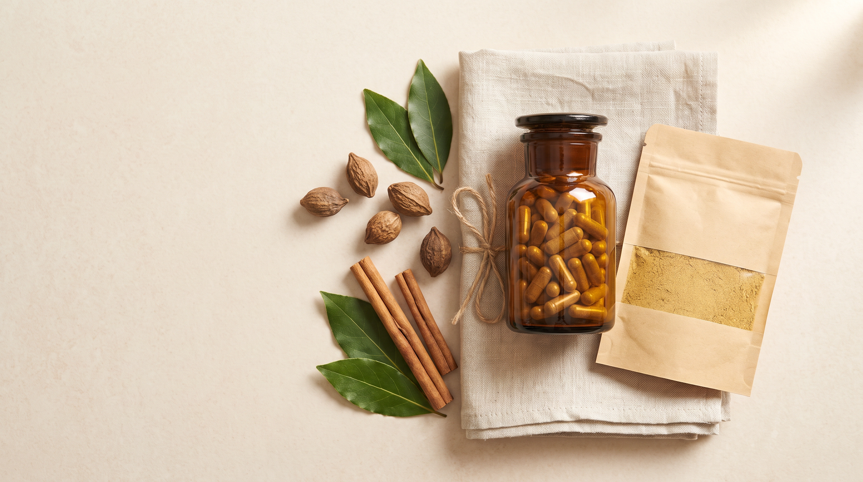 An unlabelled amber glass jar of herbal capsules and a kraft paper pouch of golden powder arranged as a gift set on linen with dried myrobalan fruits and Ceylon cinnamon quills