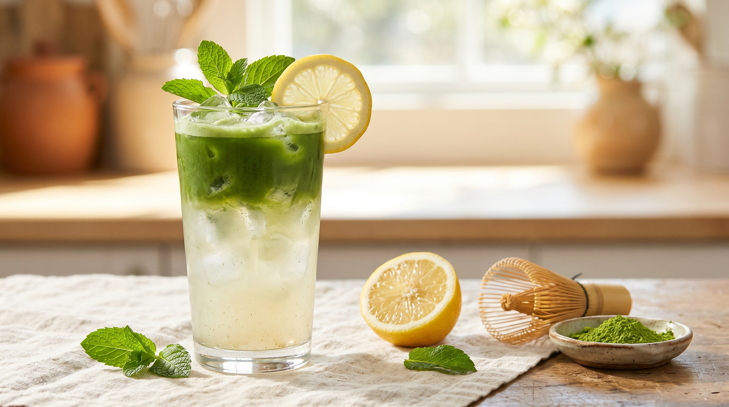 A tall glass of iced matcha lemonade with a vivid green matcha layer over cloudy lemonade, ice, a lemon wheel and mint, beside a halved lemon, a bamboo whisk and a dish of bright green matcha powder on cream linen.