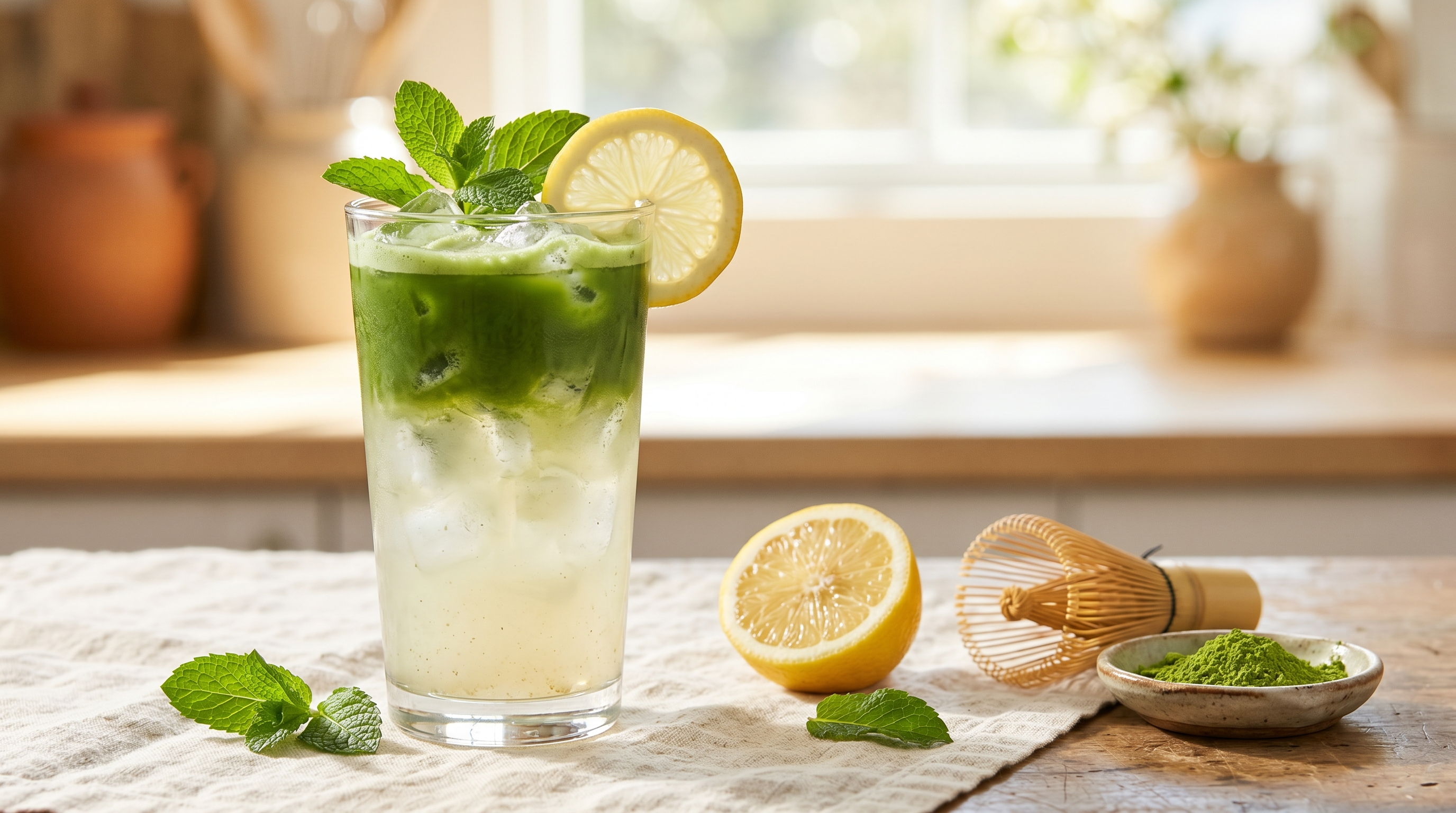 A tall glass of iced matcha lemonade with a vivid green matcha layer over cloudy lemonade, ice, a lemon wheel and mint, beside a halved lemon, a bamboo whisk and a dish of bright green matcha powder on cream linen.
