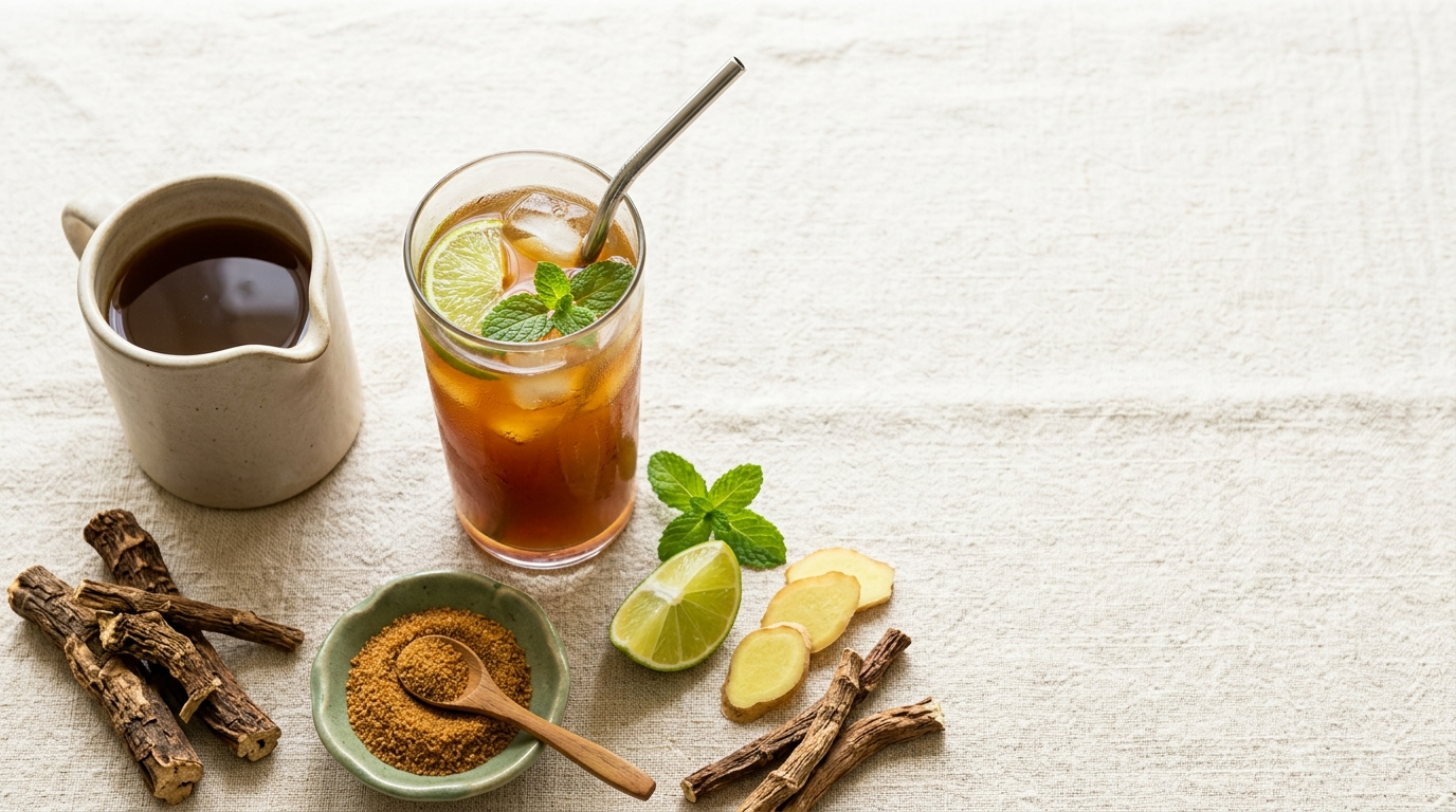 Iced iramusu kashayam in a tall glass with lime, dried sarsaparilla roots, coconut sugar, and ginger slices on cream linen