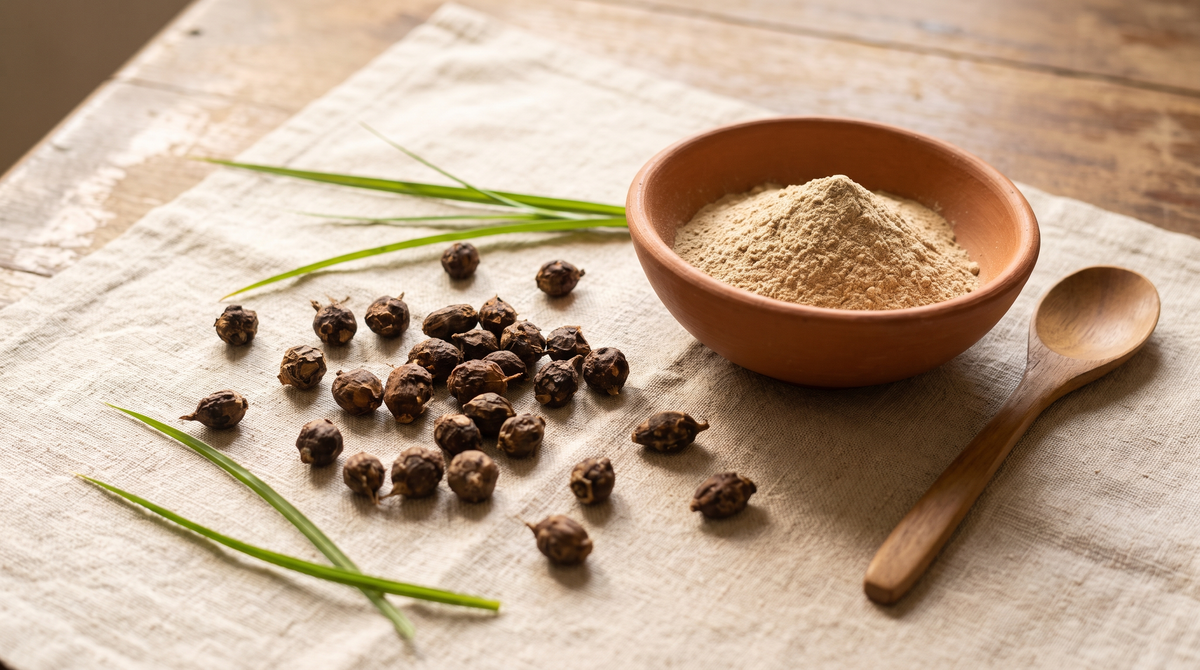 Dried nut grass tubers on linen beside a clay bowl of pale herbal powder and a wooden spoon