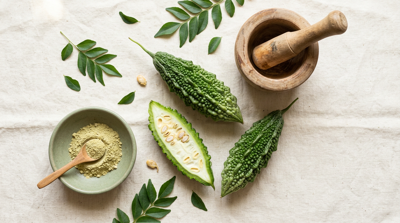 A flat-lay of fresh Sri Lankan karavila (bitter melon), one halved to show pale seeds, with a sage ceramic bowl of pale green karavila powder, a wooden mortar and pestle, and scattered curry leaves on plain cream linen.