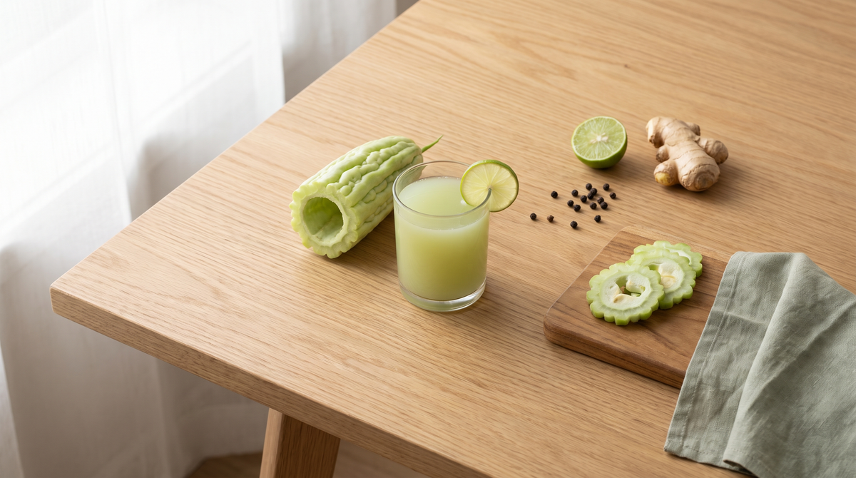 A small glass of pale green karawila tonic with a lime wheel beside a halved bitter gourd, thin slices, lime, ginger and black peppercorns on an oak table