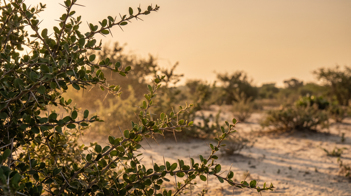 A thorny wild shrub with small oval green leaves growing in dry sandy Sri Lankan scrubland at golden hour