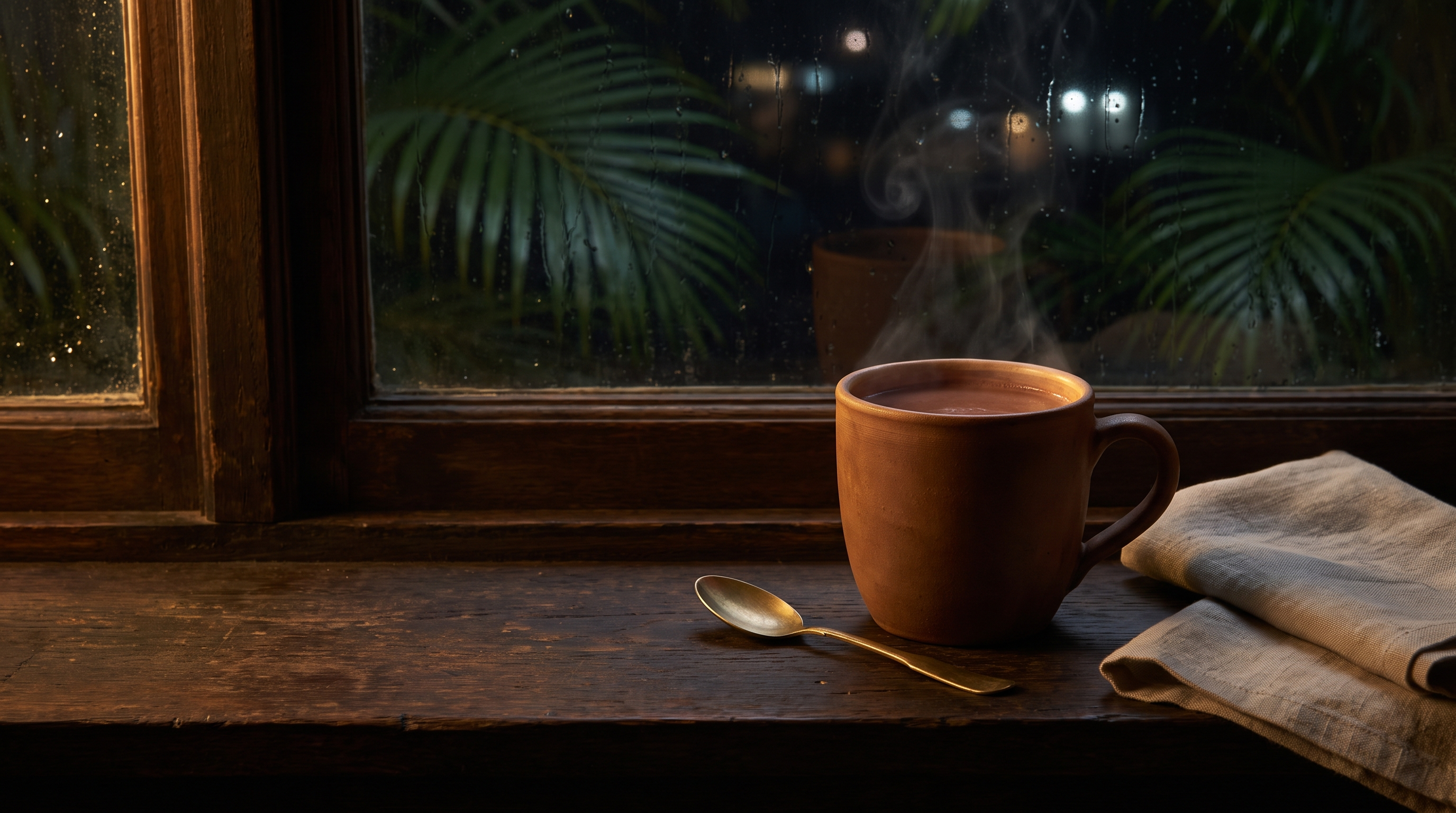Terracotta mug of warm cocoa steaming on a dark wooden windowsill beside a brass spoon and folded linen cloth on a rainy evening
