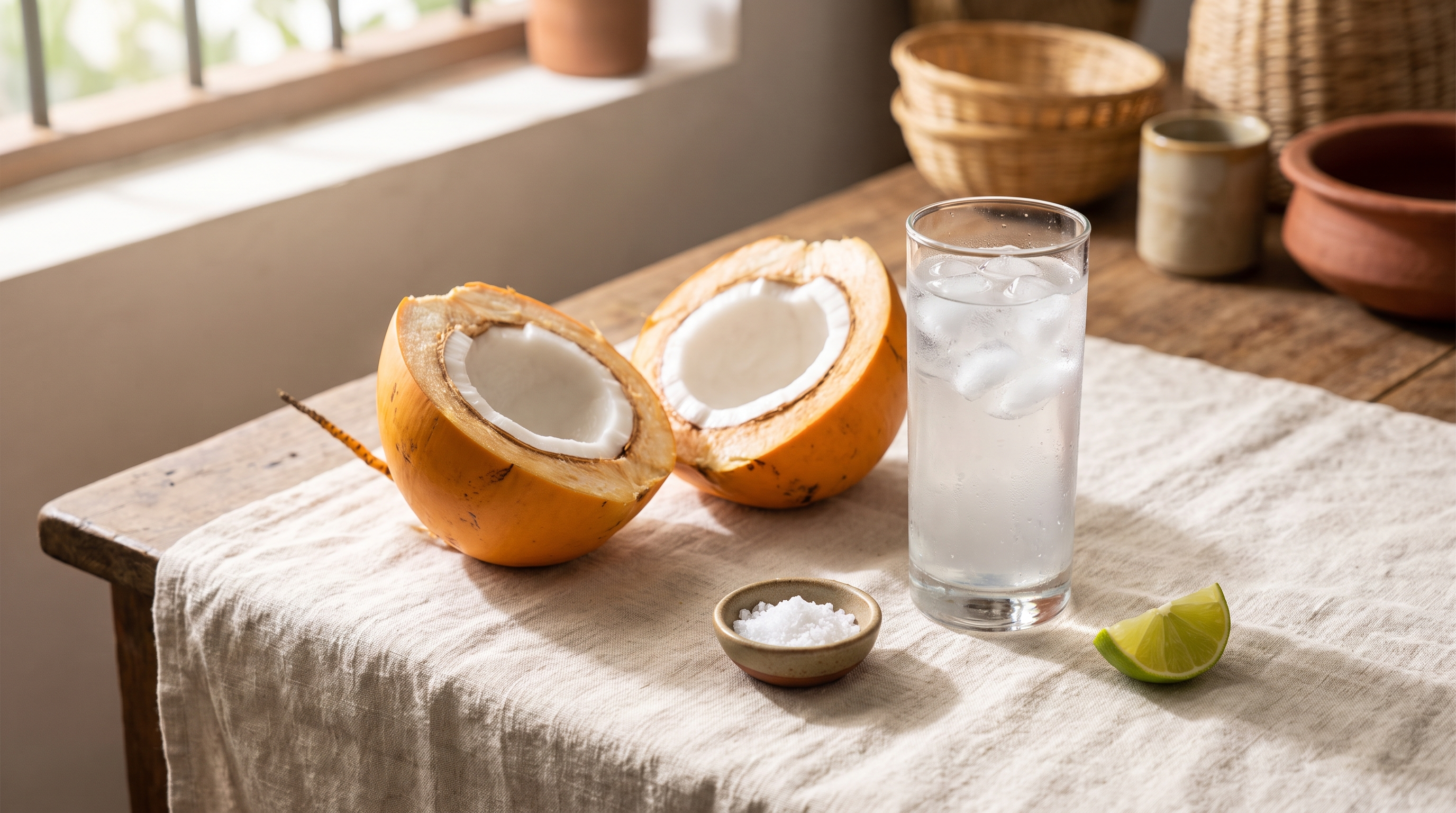 A halved Sri Lankan king coconut beside a tall glass of coconut water over ice, a dish of salt and a lime wedge, a homemade electrolyte cooler
