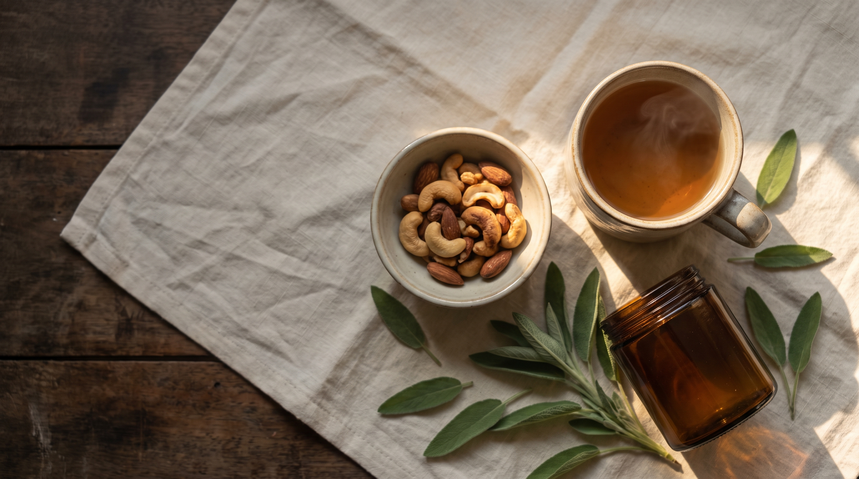 Overhead flat lay of a late afternoon table with herbal tea, a bowl of nuts, fresh leaves and a plain amber glass jar on cream linen