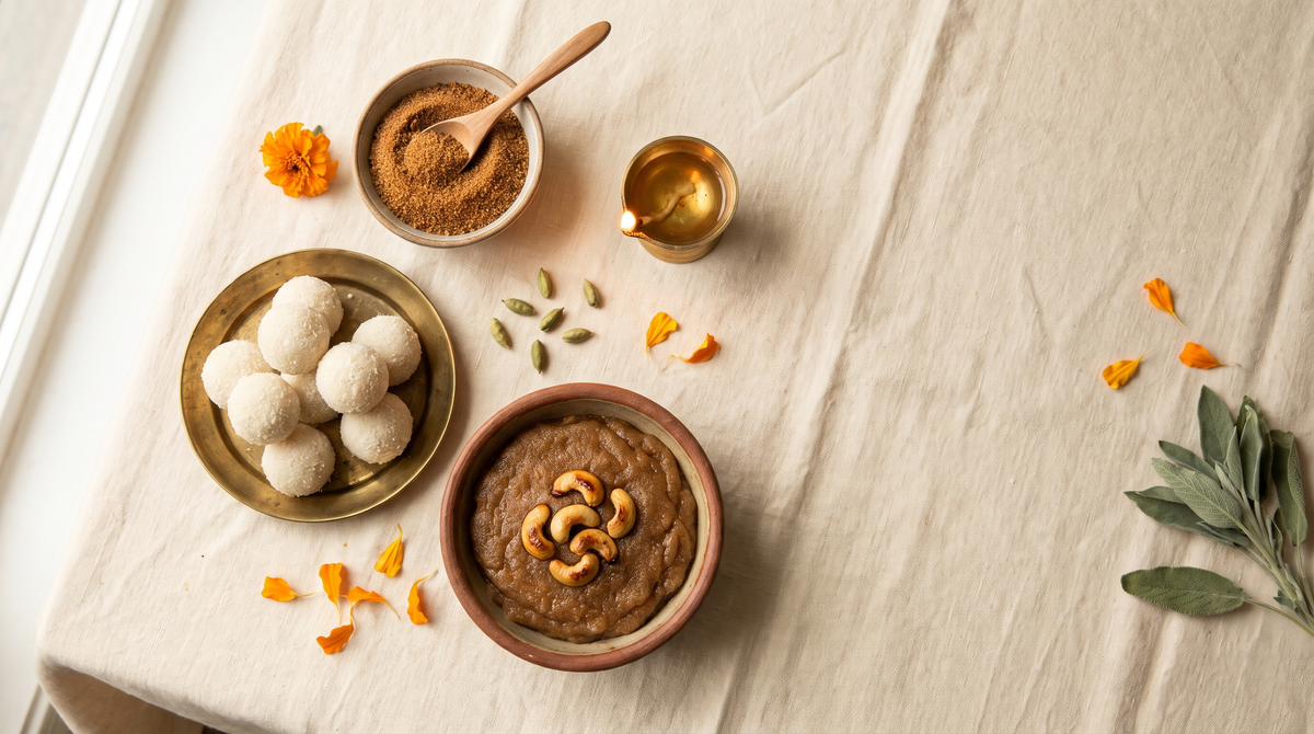 Coconut ladoo, rava kesari with cashews, coconut sugar and a lit diya on cream linen